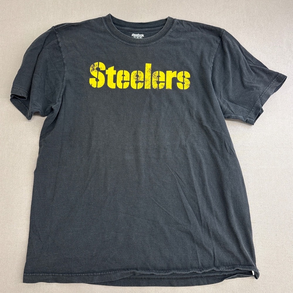 Reebok Pittsburgh Steelers Mens XL Black Distressed Graphic T-Shirt NFL Football